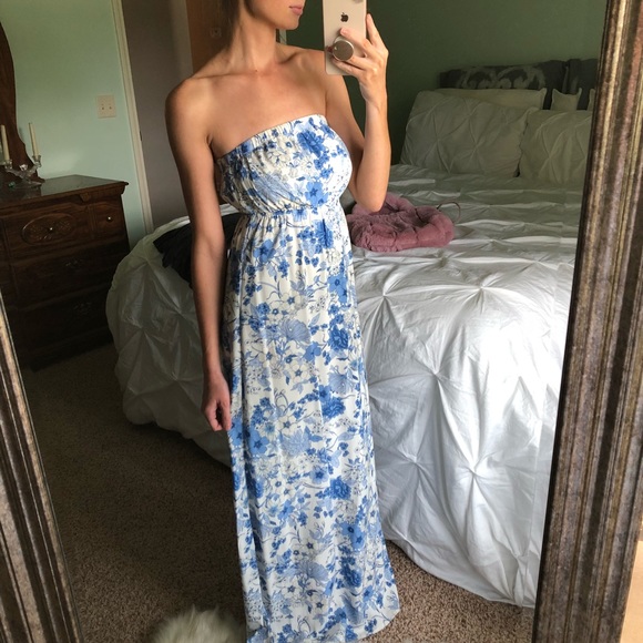 Blue Floral Strapless Maxi Dress - Picture 5 of 5